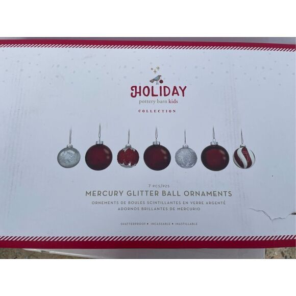 Pottery Barn Kids Mercury Red & Silver Glitter Ball Ornaments, Set of 7 - Picture 1 of 7